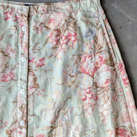 Vintage Chaps Green Pink Antique Floral Button Front Linen Midi Skirt size 12 - Picture 3 of 7